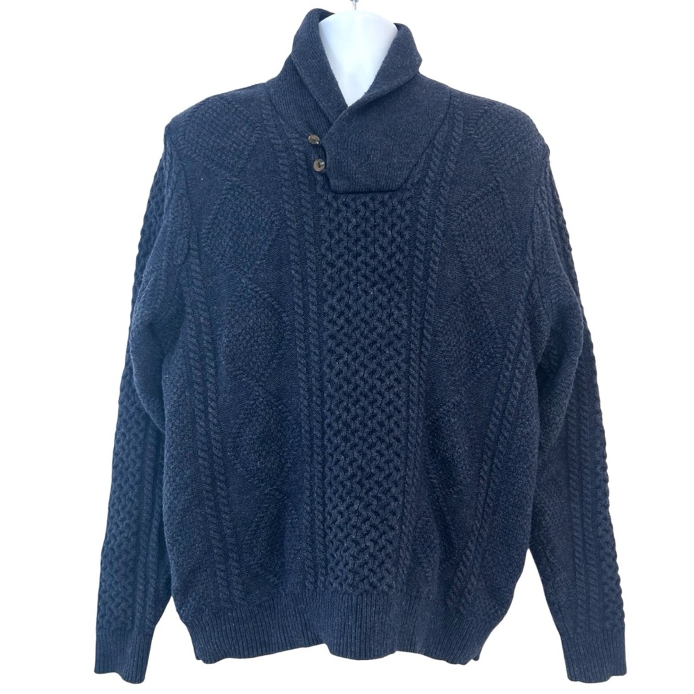 Nordstrom Lambswool Wool Fisherman Sweater Men L Blue Knit Wool Shawl Neck